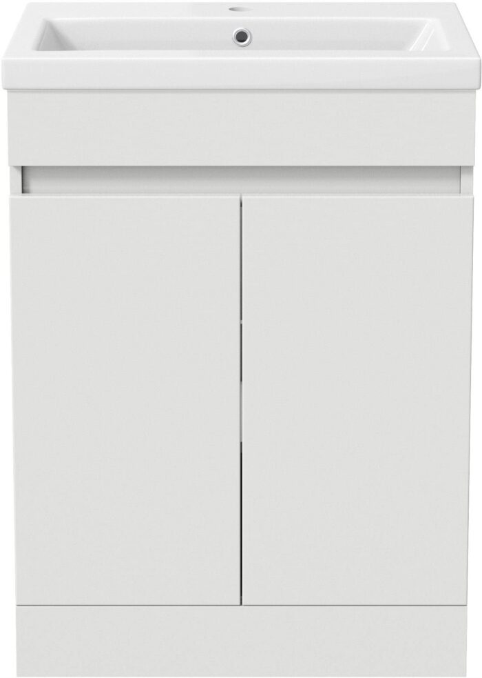 600mm Bathroom Vanity Unit With Wash Basin Ceramic Sink, 2 Double Door, Cloakroom Storage Furniture Under Basin Cabinet, Floorstanding Cabinets, White Gloss