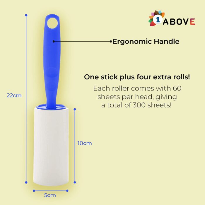 1ABOVE Lint Roller, 5 Sticky Replacement Heads with 1 Handles, Total 300 Easy Peel Sheets, Quickly Removes Animal Fur, Cat & Dog Hair, Dust & Fluff from Clothes, Furniture, Carpet…
