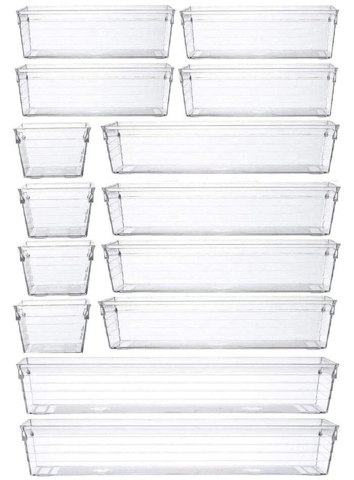 14 Pcs Kitchen Drawer Organiser Storage Trays for Makeup Bedroom Office, Desk Versatile, Plastic, Clear