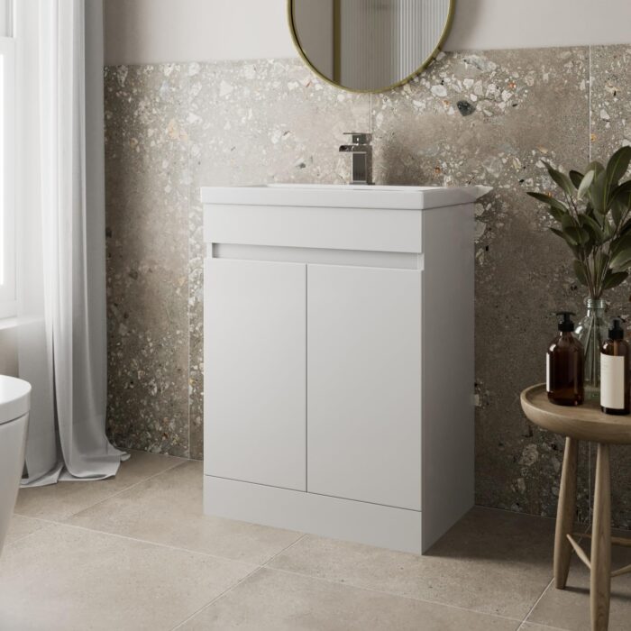 600mm Bathroom Vanity Unit With Wash Basin Ceramic Sink, 2 Double Door, Cloakroom Storage Furniture Under Basin Cabinet, Floorstanding Cabinets, White Gloss