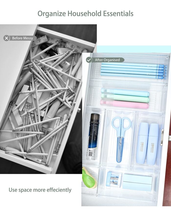 14 Pcs Kitchen Drawer Organiser Storage Trays for Makeup Bedroom Office, Desk Versatile, Plastic, Clear