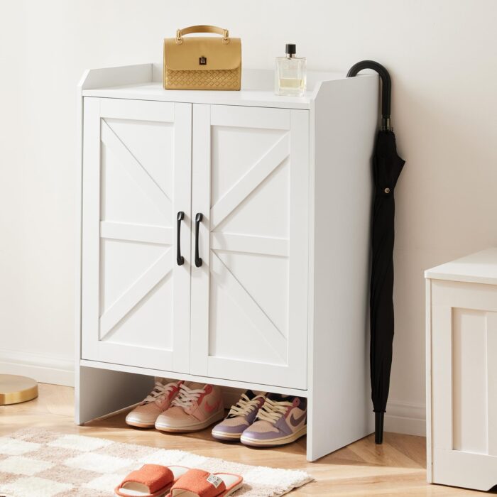 5-Layer Farmhouse Style Shoe Cabinet, Double Door Freestanding Shoe Rack, Adjustable Shelves, Metal Corner Decoration, Suitable for Entrance, Hallway, Corridor, White