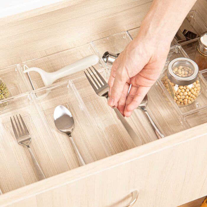 14 Pcs Kitchen Drawer Organiser Storage Trays for Makeup Bedroom Office, Desk Versatile, Plastic, Clear