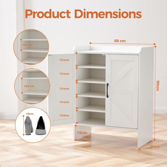 5-Layer Farmhouse Style Shoe Cabinet, Double Door Freestanding Shoe Rack, Adjustable Shelves, Metal Corner Decoration, Suitable for Entrance, Hallway, Corridor, White
