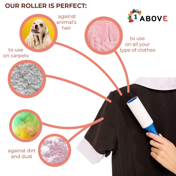 1ABOVE Lint Roller, 5 Sticky Replacement Heads with 1 Handles, Total 300 Easy Peel Sheets, Quickly Removes Animal Fur, Cat & Dog Hair, Dust & Fluff from Clothes, Furniture, Carpet…