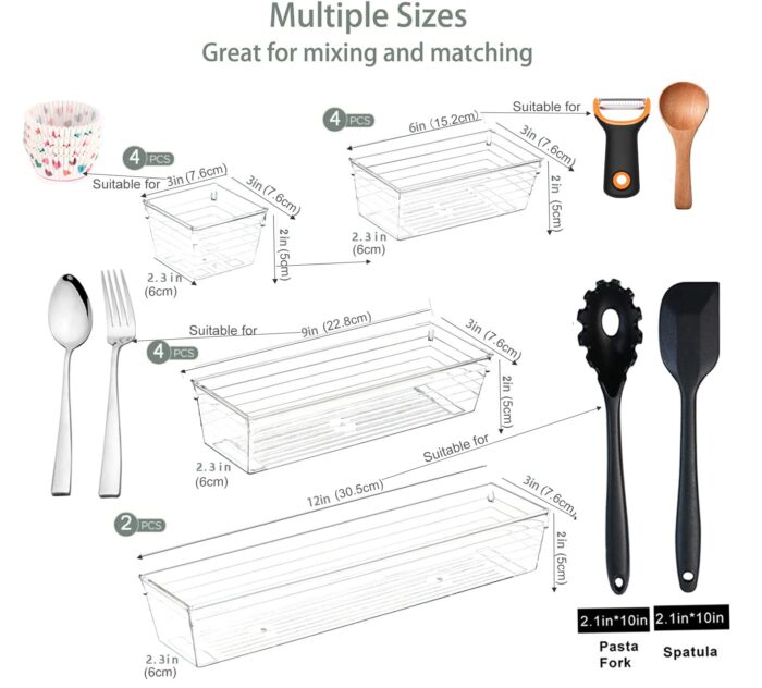14 Pcs Kitchen Drawer Organiser Storage Trays for Makeup Bedroom Office, Desk Versatile, Plastic, Clear