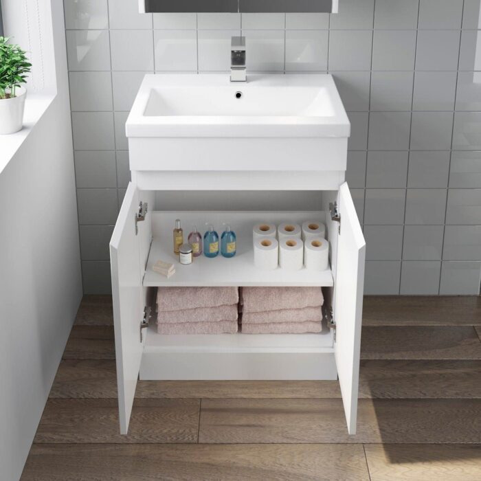 600mm Bathroom Vanity Unit With Wash Basin Ceramic Sink, 2 Double Door, Cloakroom Storage Furniture Under Basin Cabinet, Floorstanding Cabinets, White Gloss
