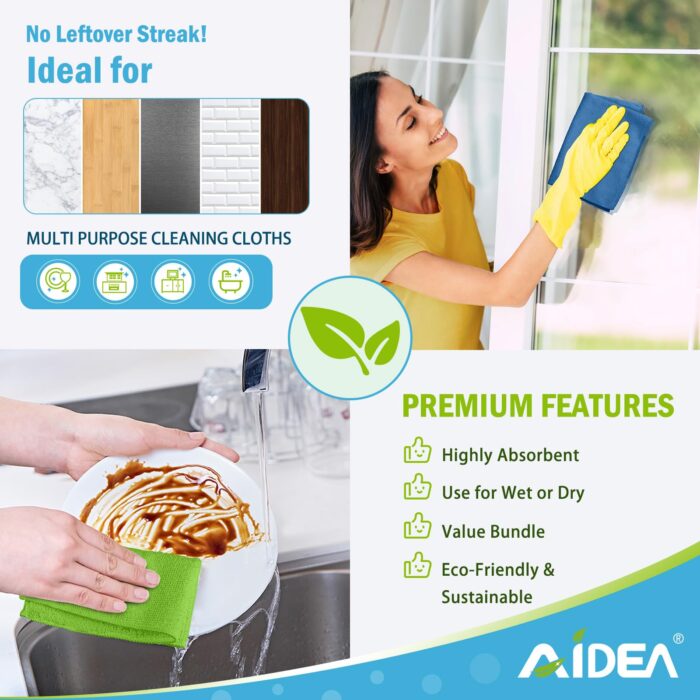 AIDEA Microfibre Cloth Pack of 8, Multifunctional Reusable Cleaning Cloths, Lint Free Streak Free Washable Cloth Duster for House, Kitchen, Car, Motorbike, Windows 30 x 30 cm