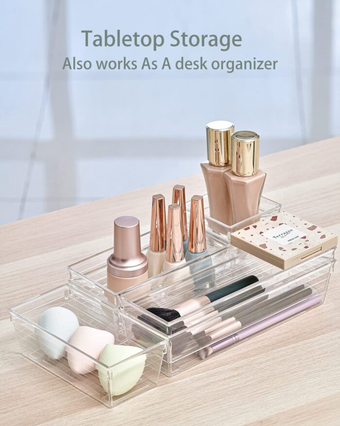 14 Pcs Kitchen Drawer Organiser Storage Trays for Makeup Bedroom Office, Desk Versatile, Plastic, Clear