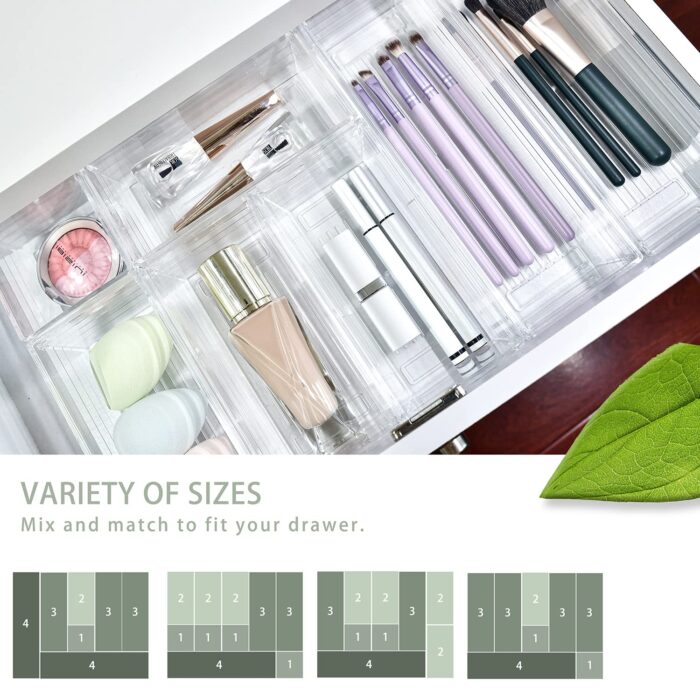14 Pcs Kitchen Drawer Organiser Storage Trays for Makeup Bedroom Office, Desk Versatile, Plastic, Clear
