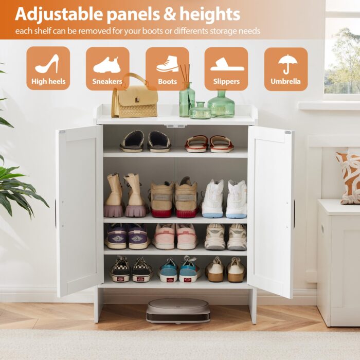5-Layer Farmhouse Style Shoe Cabinet, Double Door Freestanding Shoe Rack, Adjustable Shelves, Metal Corner Decoration, Suitable for Entrance, Hallway, Corridor, White